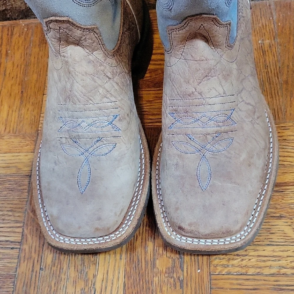 Old West Youth 3.5D Cowboy Boots Tan Blue Leather Western Kids Boots